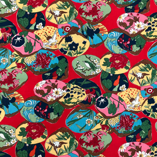 Quilting Cotton - Red with Florals and Cranes - 1 yard