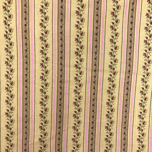 Quilting Cotton - Parchment with Floral Stripes - 1 yard