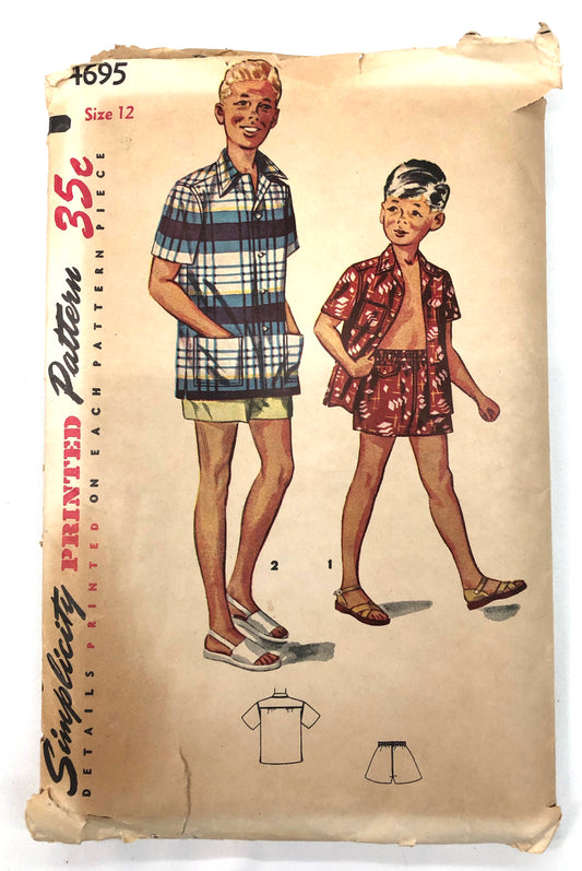 1954 Vintage Pattern - Boys' Beach Shirt and Swim Shorts - Size 12