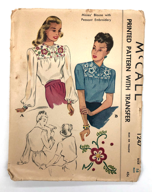 1946 Vintage Pattern - Misses' Blouse with Peasant Embroidery - 34" bust